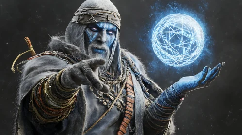 Blue-Skinned Sorcerer with Glowing Sphere