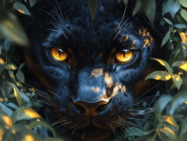 Mystic Panther Among Green Leaves