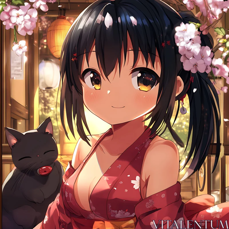 Anime Girl and Her Black Cat with Blossoms AI Image