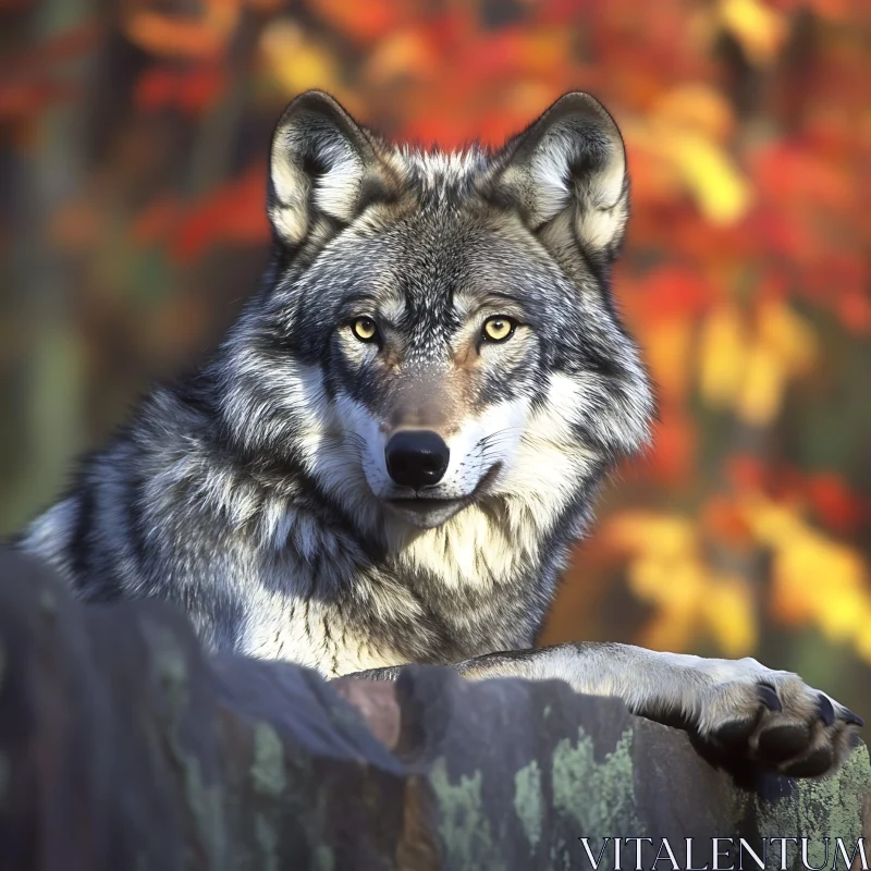 Grey Wolf Resting on Mossy Rock AI Image