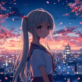 Anime Girl at Sunset with Blossoms and Skyline