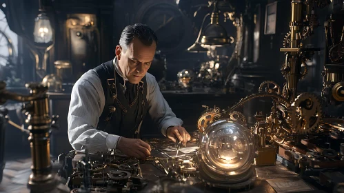 Man Assembling Gears in Vintage Style