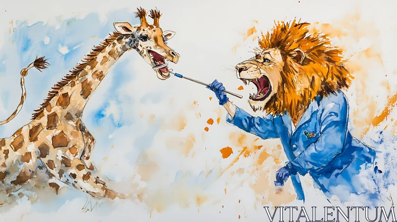 Watercolor of Lion Dentist Checking Giraffe