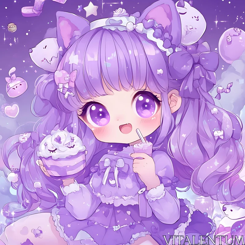 Kawaii Anime Girl Surrounded by Sweet Treats