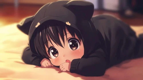 Cute Anime Child Wearing Cat Ears Hoodie