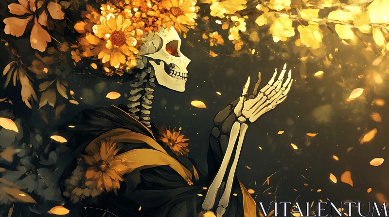 Skeleton with Flowers in Golden Light