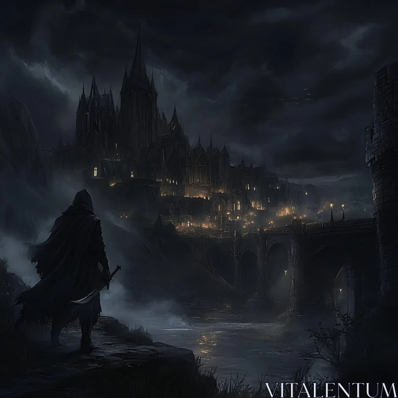 Cloaked Figure and Gothic Castle