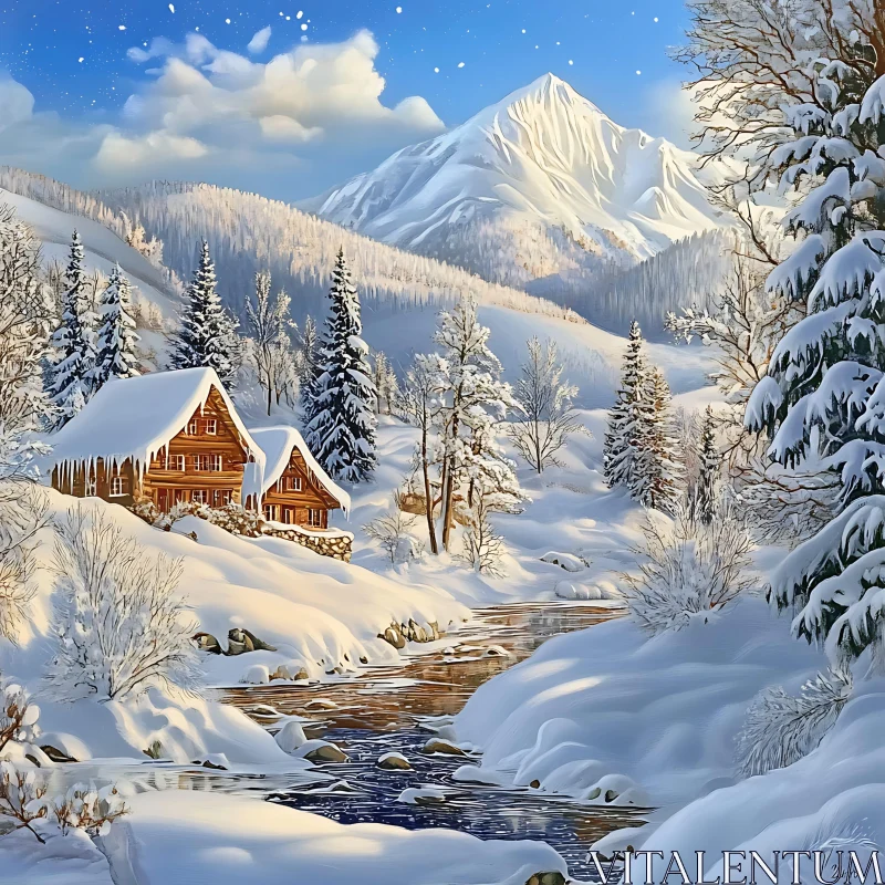Snowy Mountain Cabin Landscape