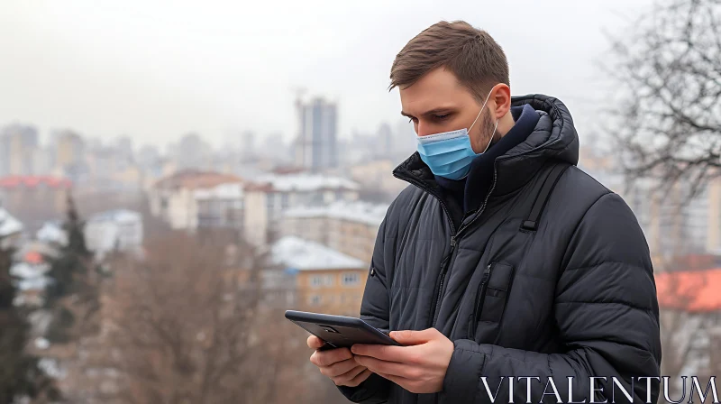 Masked Man and Tablet in the City