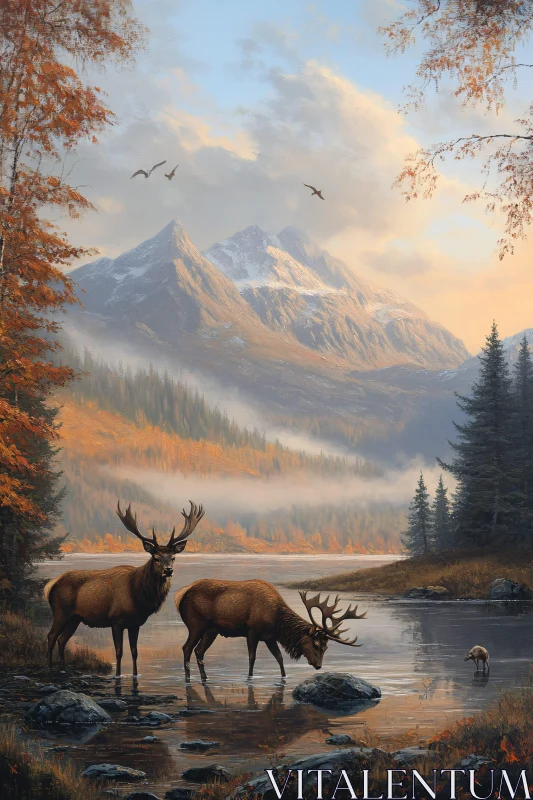 Tranquil Lake and Deer in Autumn