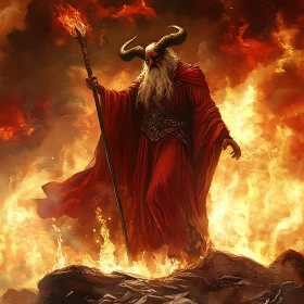 Red Cloaked Figure with Horns in Fire