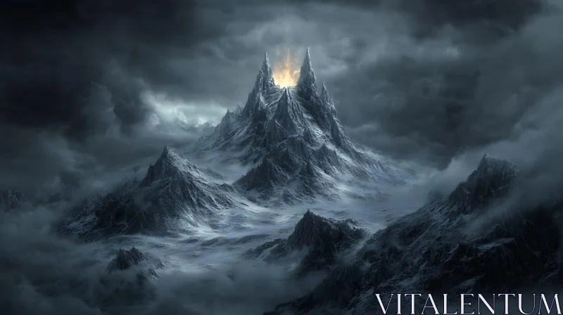Snowy Mountain Peaks Under Dark Skies