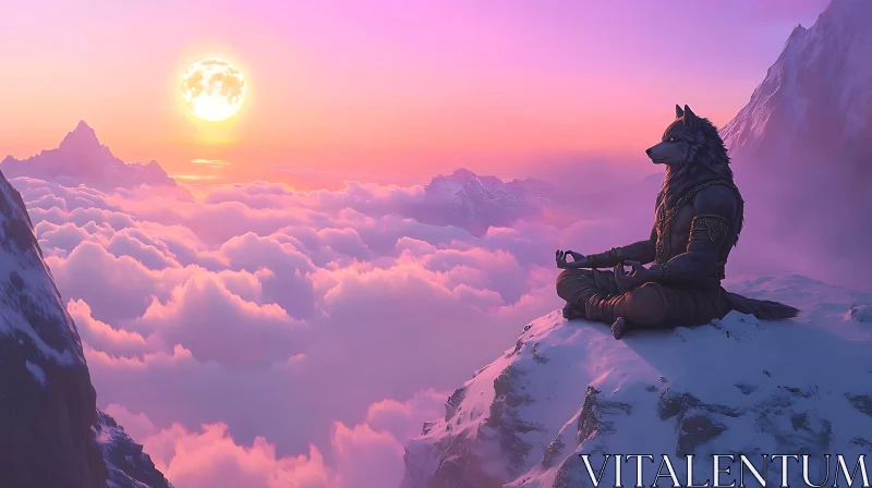Serene Wolf Meditating at Mountain Peak AI Image