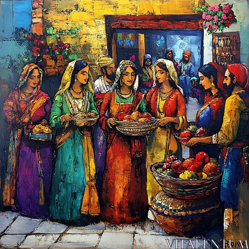 Traditional Women at Market with Fruits