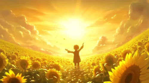 Child in Sunflower Meadow Embracing Sunlight