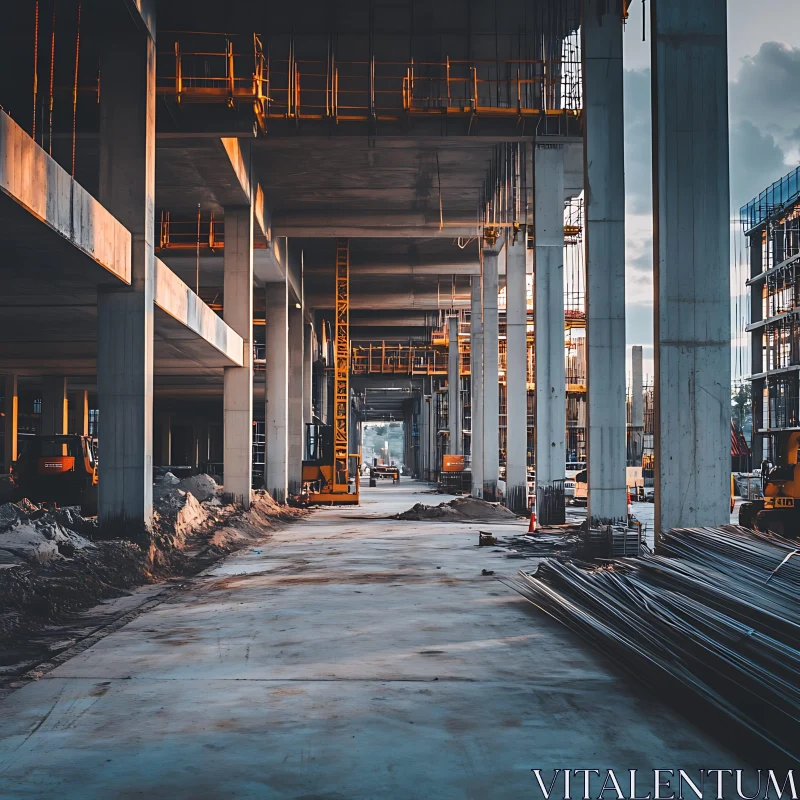 Building Construction with Machinery at Work