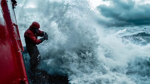 Man Photographing a Powerful Wave