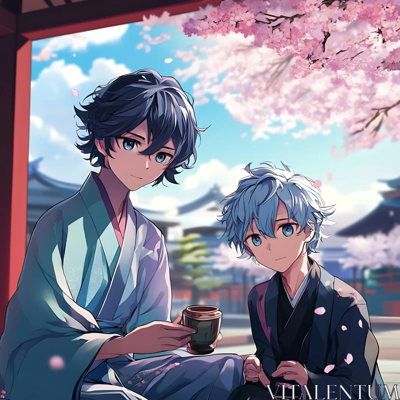 Anime Scene: Tea Ceremony with Cherry Blossoms