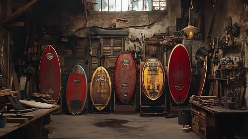 Surfboard Collection in Old Workshop