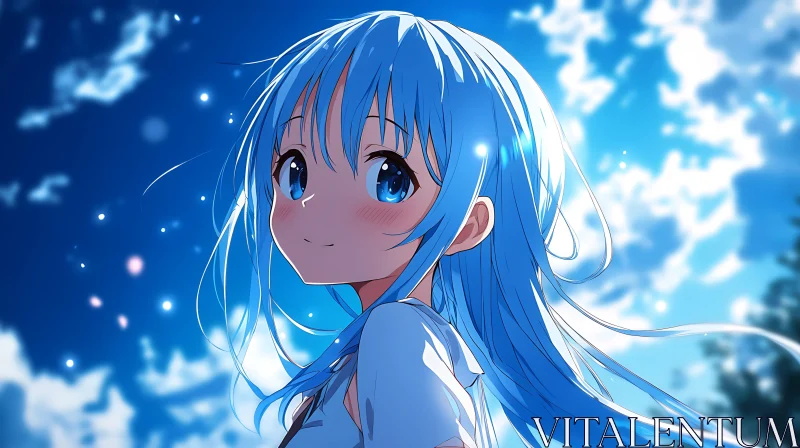 Tranquil Anime Girl with Blue Hair and Sky Background
