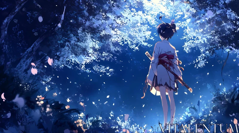 Anime Warrior Under the Moonlit Canopy