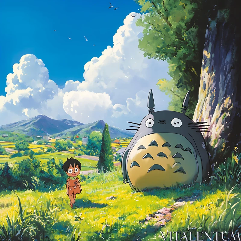 Child and Creature in Picturesque Anime Landscape