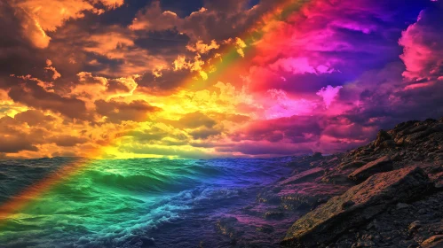 Colorful Rainbow over Ocean Waves