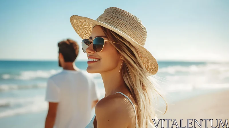 Woman Smiling on Beach with Hat