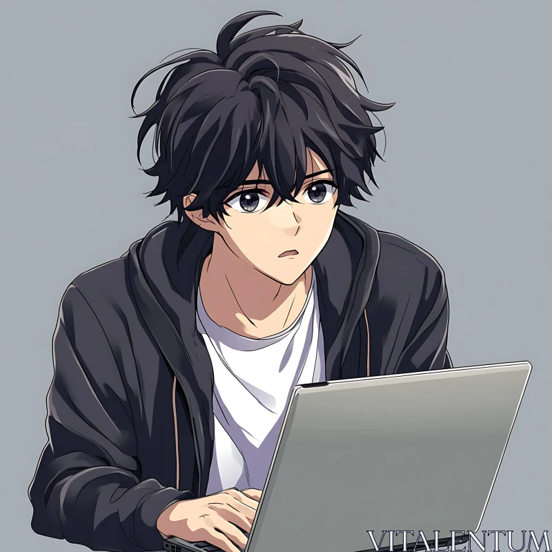 Focused Anime Character with Laptop