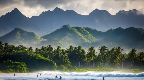 Tropical Beach Scene with Mountains