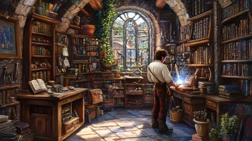 Man Working in Book Filled Library