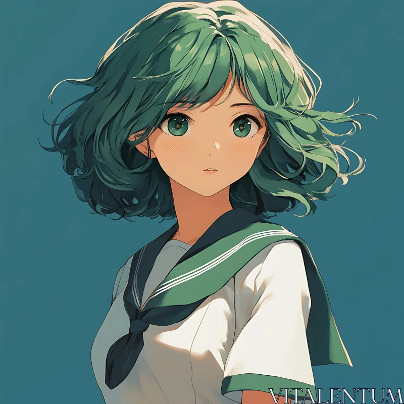 Green-haired Anime School Girl Portrait