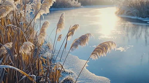 Winter Reeds by a Frozen Lake