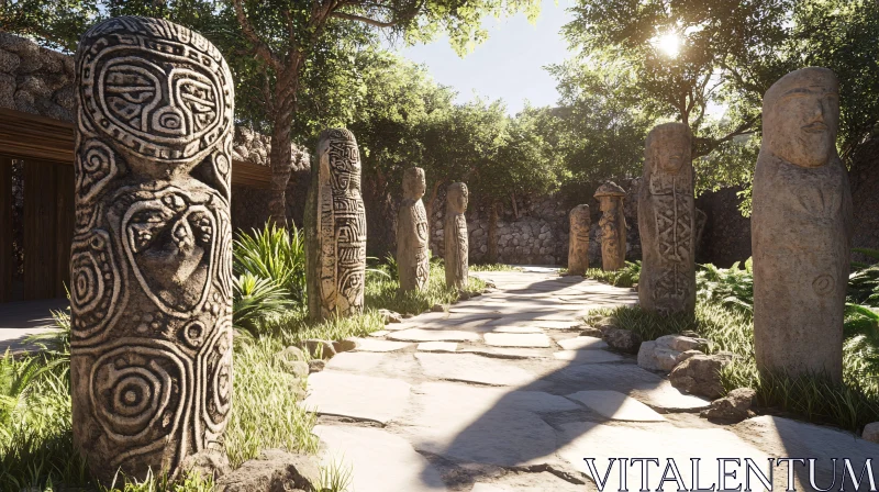Sunlit Stone Carvings in Garden