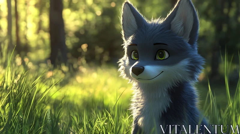 Wolf Cub Portrait in Summer Grass AI Image