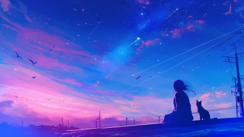 Silhouette of a Person and Cat Under a Stunning Starry Night