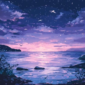 Night Seascape with Birds