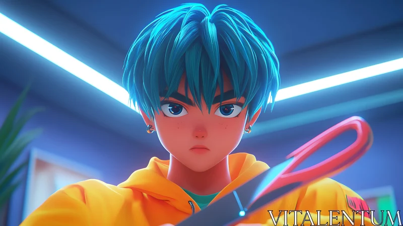 Vivid Anime Portrait with Neon Lighting AI Image