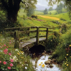 Tranquil Landscape with Bridge and Wildflowers