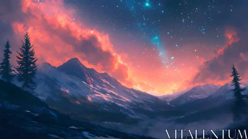 Snowy Peaks Under Starry Skies AI Image