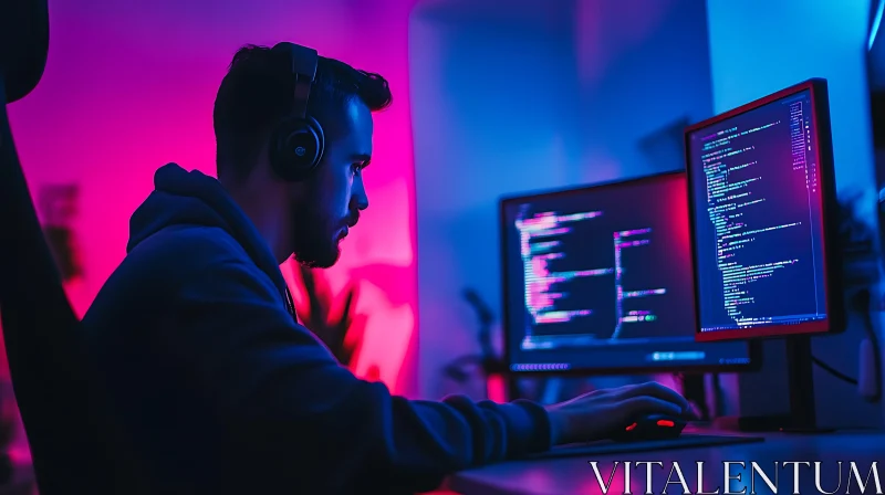 Man Coding in Neon Light