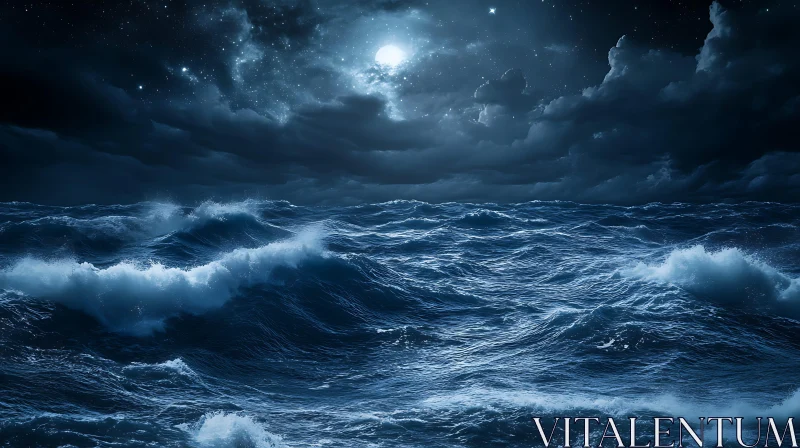 Nocturnal Ocean Storm with Starry Sky