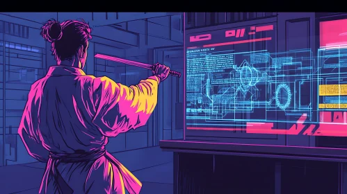 Tech Warrior with Sword and Digital Display