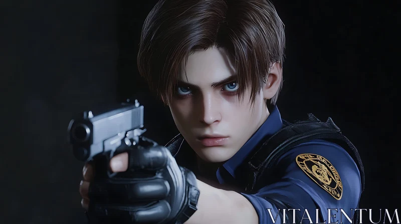 Police Character with Gun in Focus