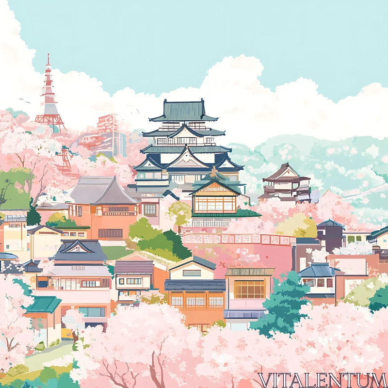 Japanese Castle and Cherry Blossoms: A Springtime Scene AI Image