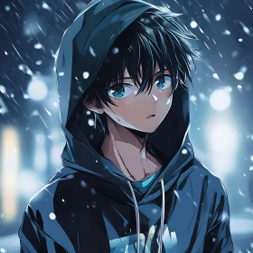 Contemplative Anime Figure in Snowy Night