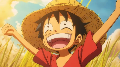 Anime Character with Straw Hat in Cheerful Mood