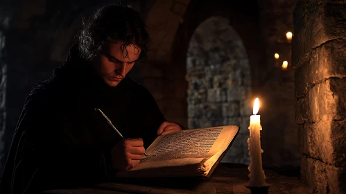 Scholarly Man In Dark Chamber Writing
