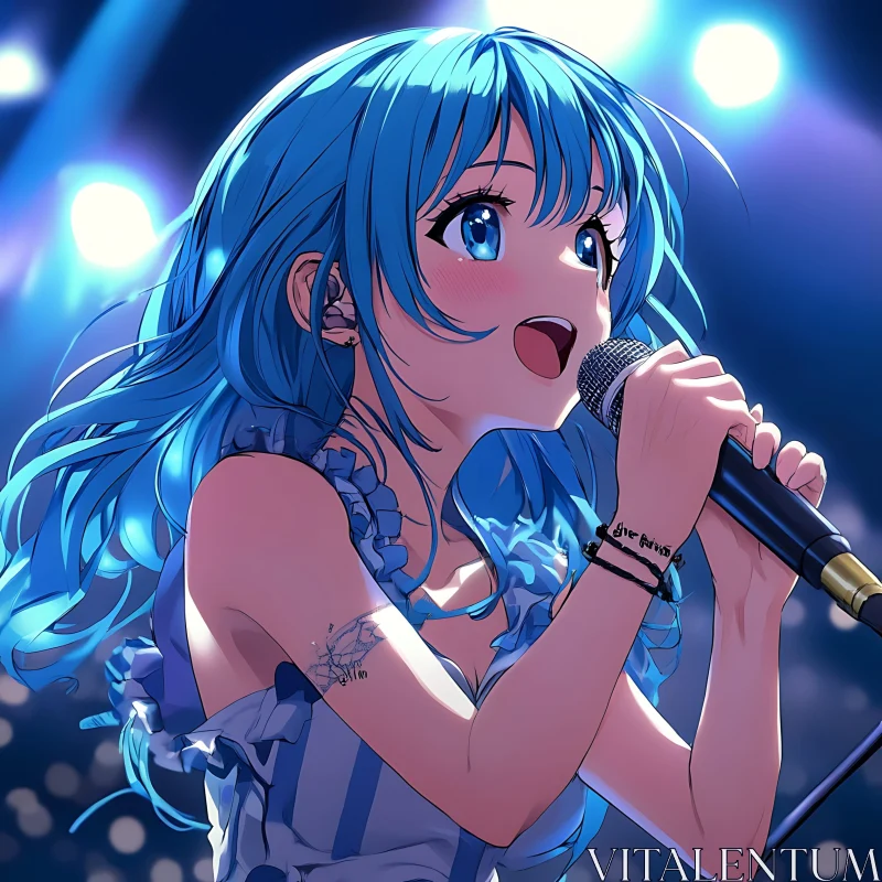 Anime Concert with Blue-Haired Singer AI Image