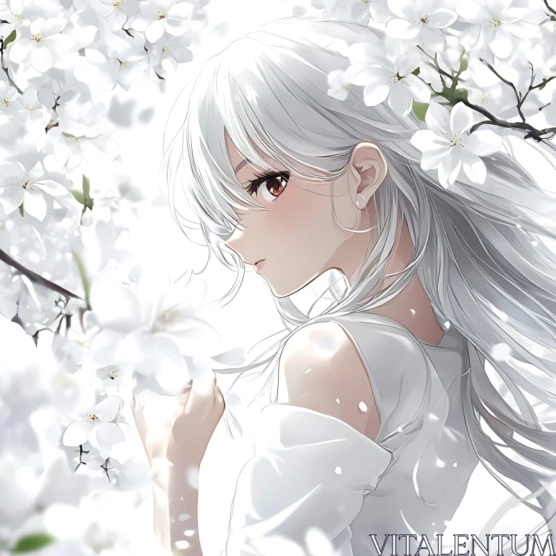 Anime Girl with White Hair in Flowering Orchard
